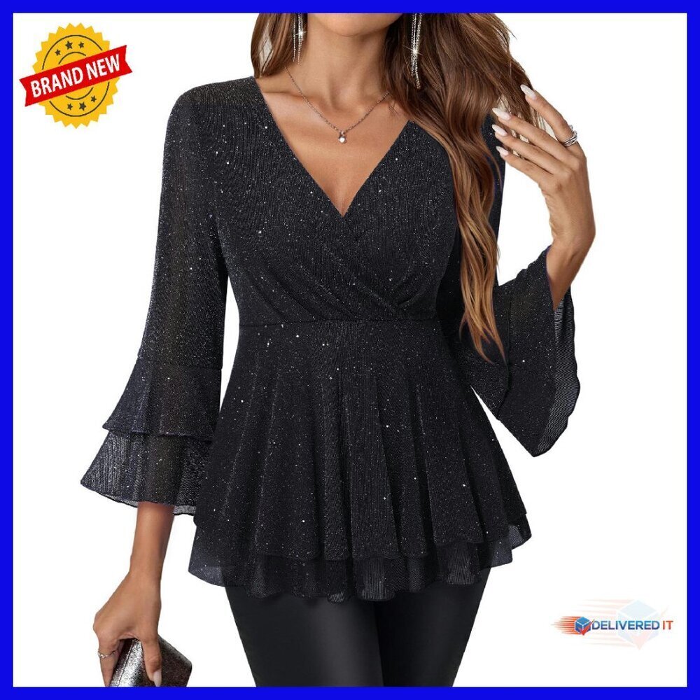 Sparkly Peplum Blouse 3/4 Sleeve Ruffle Top Dressy Women's